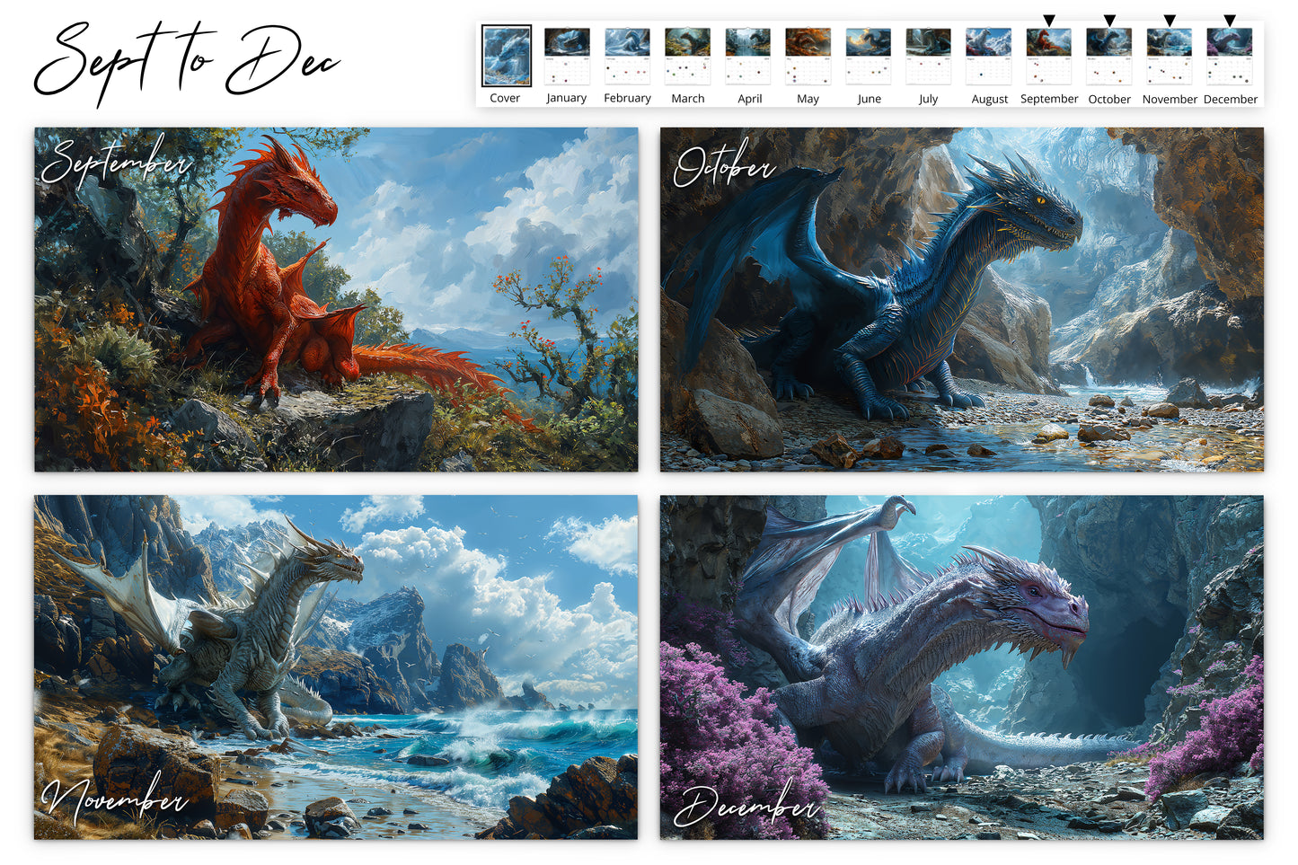 September to December calendar pages displaying various dragons in different seasonal settings including a red dragon on a hill, a blue dragon by a stream, a white dragon by the sea, and a purple dragon in a mystical cave