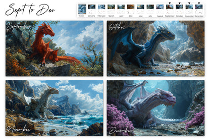 September to December calendar pages displaying various dragons in different seasonal settings including a red dragon on a hill, a blue dragon by a stream, a white dragon by the sea, and a purple dragon in a mystical cave