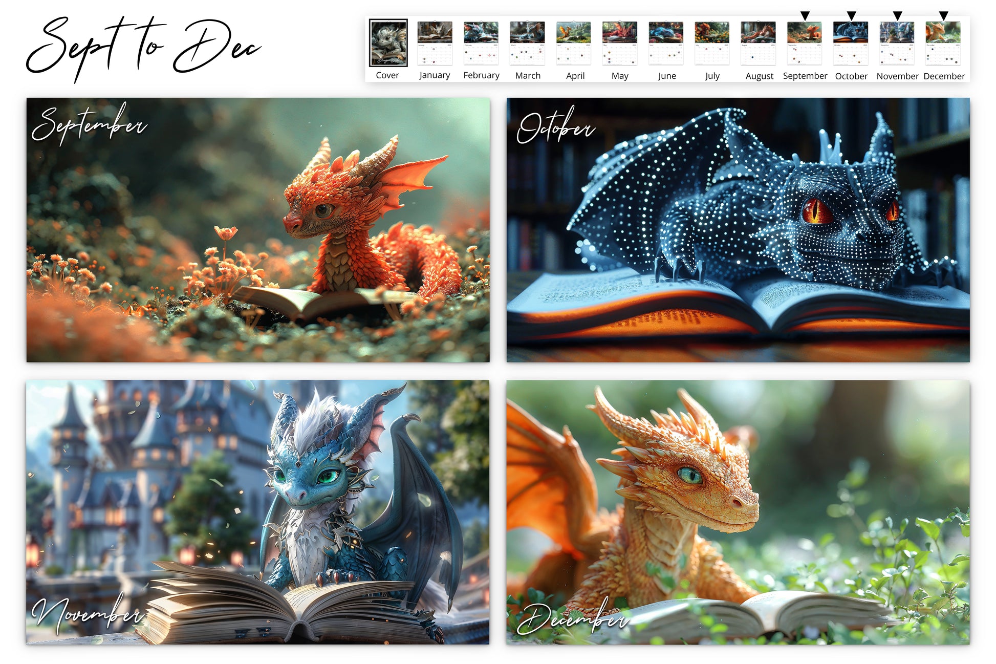 September to December pages of the calendar displaying various dragons interacting with books in enchanting, magical settings.