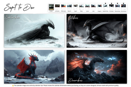 September to December pages: dragons in snowy, volcanic, mountainous, and starry night scenes.