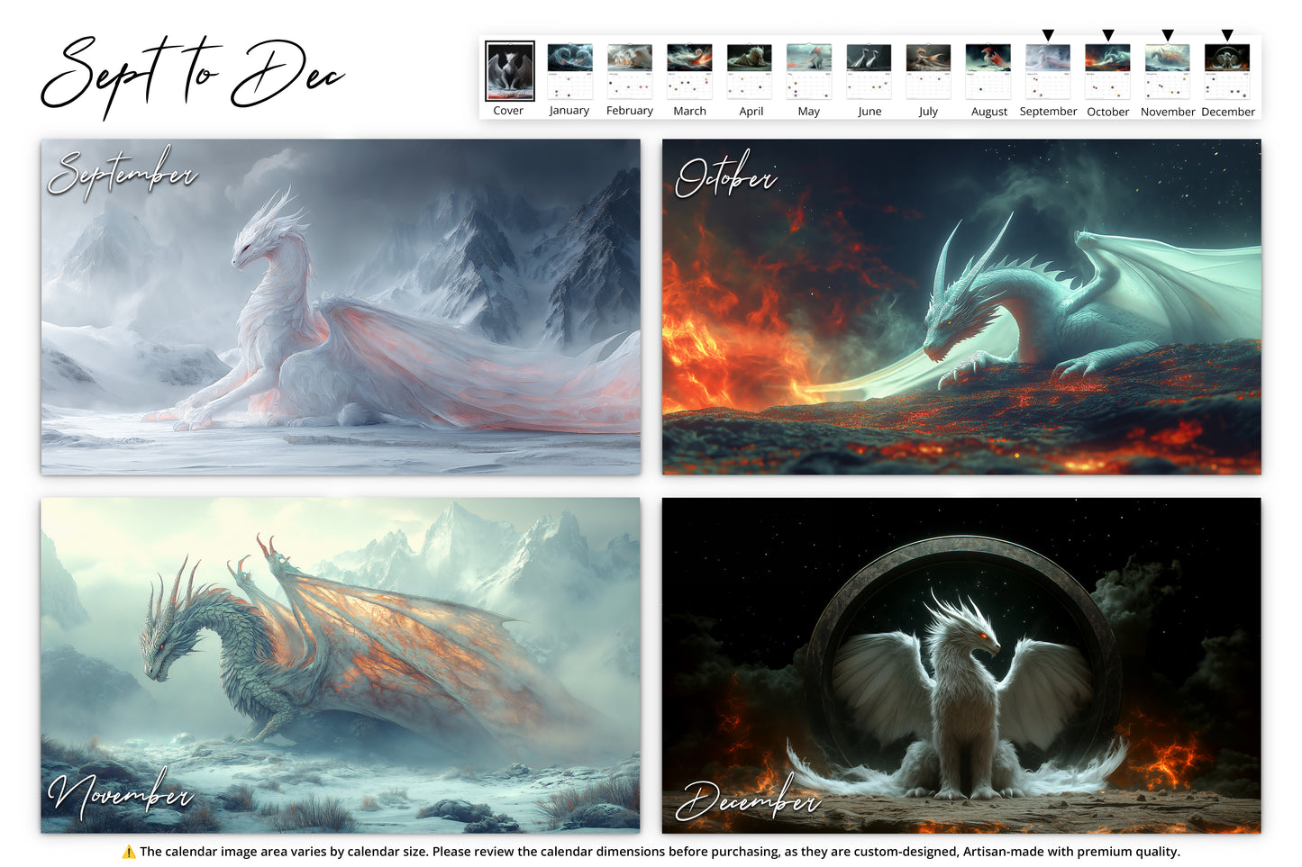 A combination of three dragons, each set in different months—one resting in the snow, one glowing in fiery surroundings, and another illuminated against a celestial backdrop.