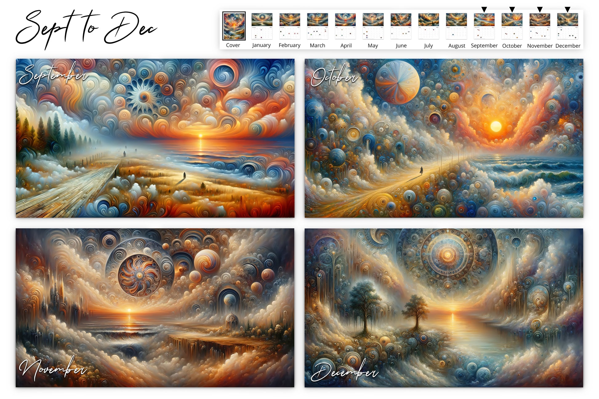 September to December pages of the Edge of Eternity calendar featuring surreal landscapes for each month with vibrant sunsets, abstract patterns, and intricate designs in various colors