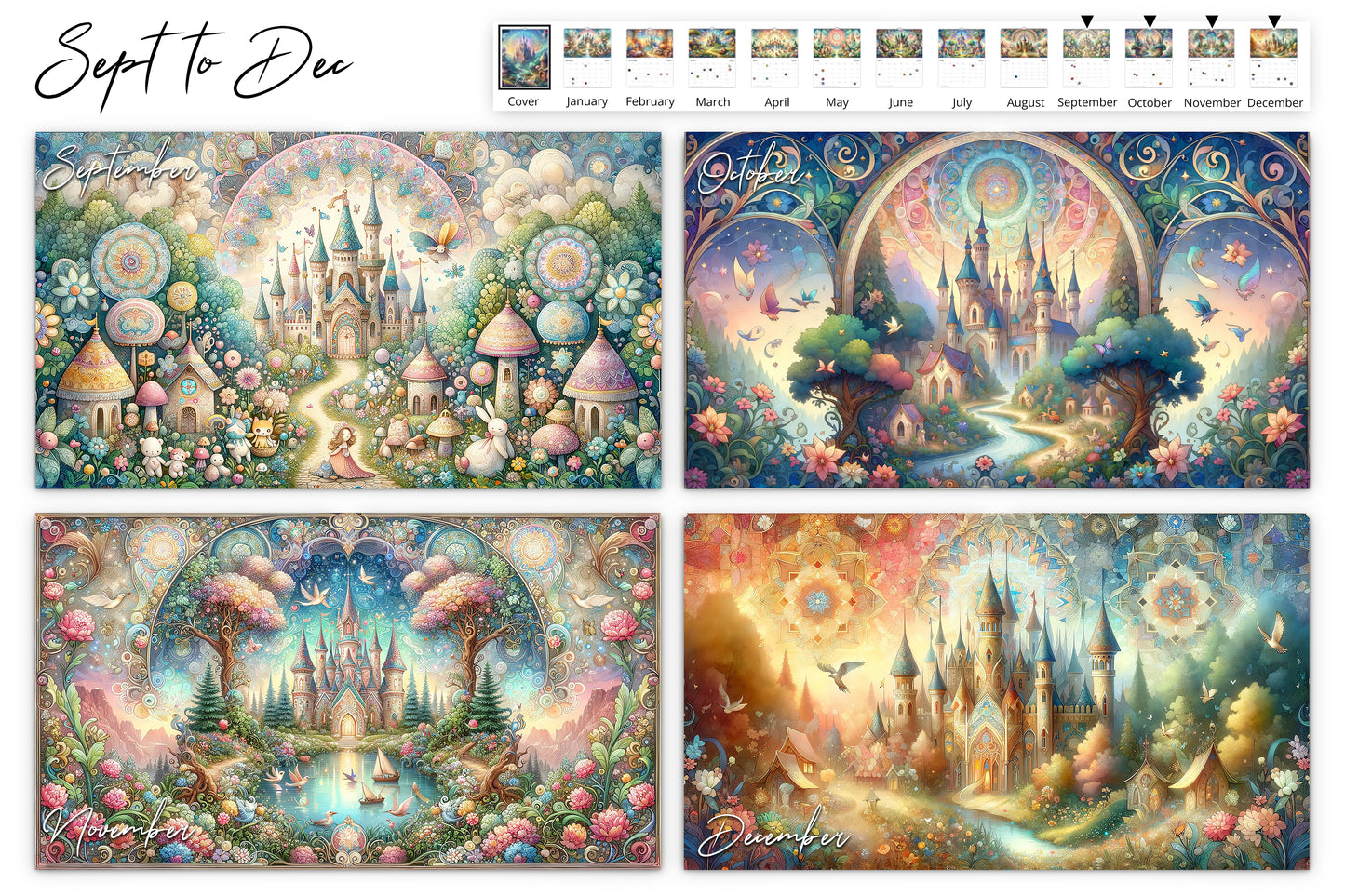 September to December pages of the Enchanted calendar featuring various whimsical castle scenes, each with detailed, vibrant designs and enchanting elements