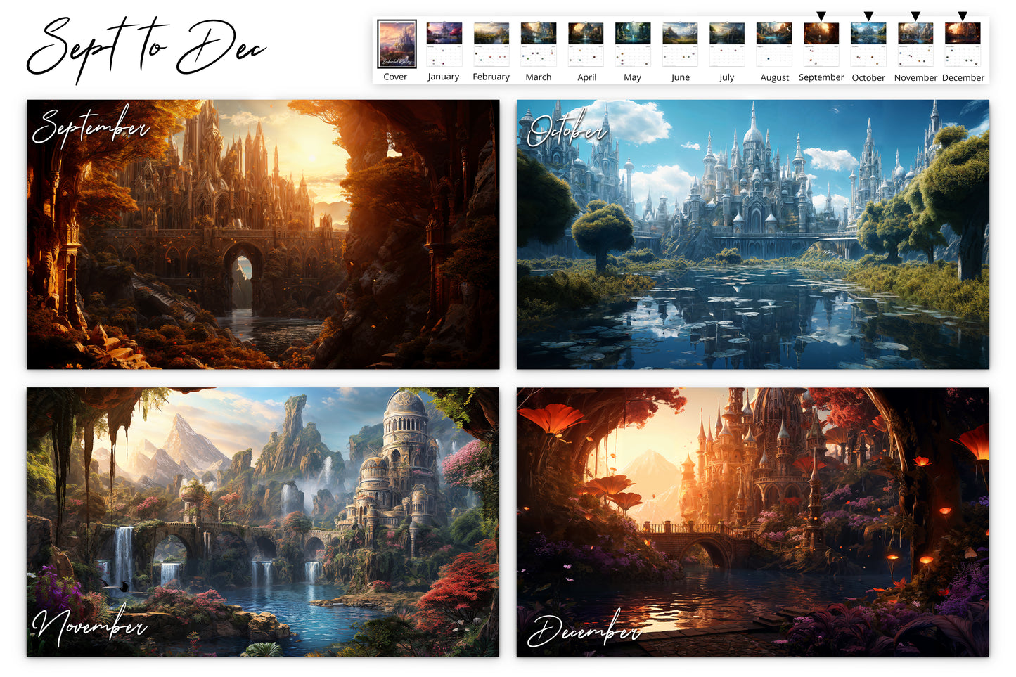 Calendar pages from September to December showing various enchanting scenes including castles, ancient ruins, and serene landscapes