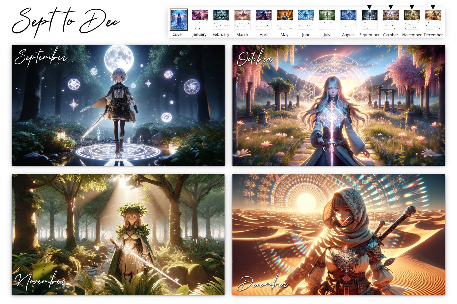 September to December calendar pages showing various mystical characters in enchanting settings, each radiating magical and ethereal energy