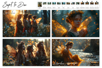 September to December pages of the calendar showing various scenes with fairies including a group of fairies in a field, a fairy with glowing wings, and a fairy sitting by a stream