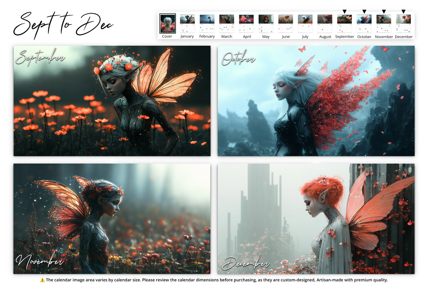 A collage of fairies in enchanting settings: September with orange wings, October in a snowy scene, November with glowing wings, and December with a red-haired fairy in a magical cityscape.