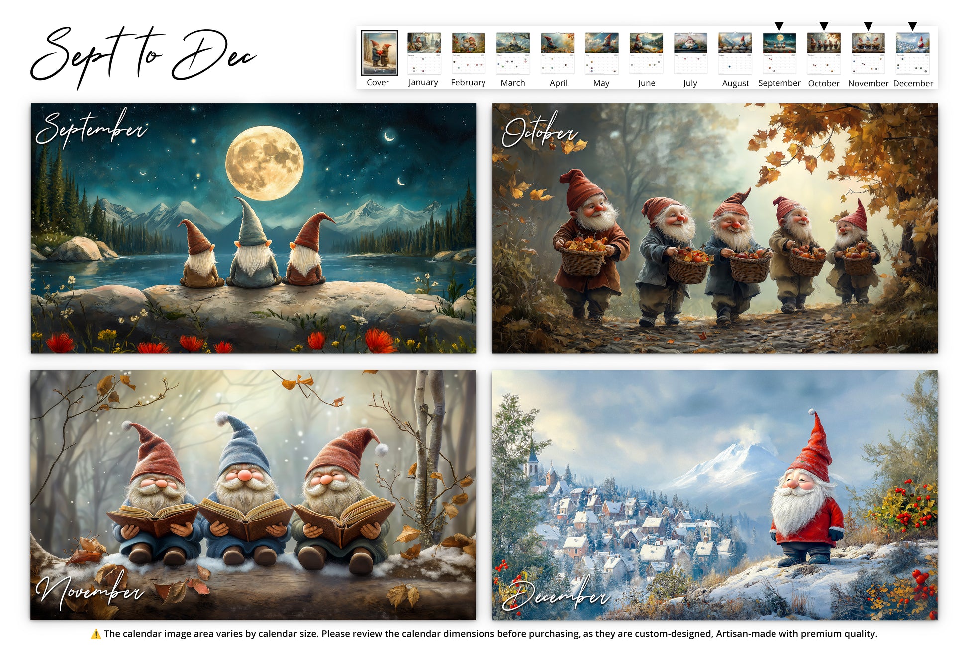 September to December image featuring gnomes enjoying seasonal moments: moonlit lake in September, apple gathering in October, cozy reading in November, and a snowy village scene with a mountain backdrop in December.