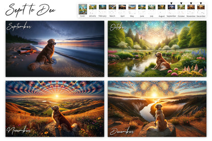 Four-panel image for September to December, each showing the Golden Retriever in different serene and majestic settings, from beaches to mountain vistas, each enhanced by unique mandala art.