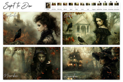 September to December composite image showcasing four gothic scenes with women in dark, mysterious settings including ravens and old architecture