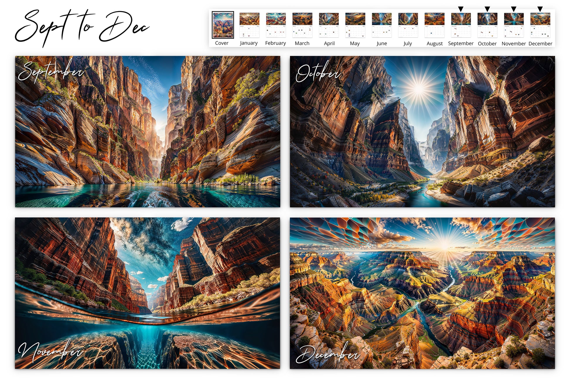 Preview of calendar pages for September to December, showcasing varied Grand Canyon views and distinct mosaic-patterned skies for each month.