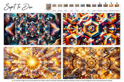 September to December pages display a series of vivid, kaleidoscopic patterns, each month enhancing the visual complexity and color variation, culminating in a dazzling, crystalline structure for December.