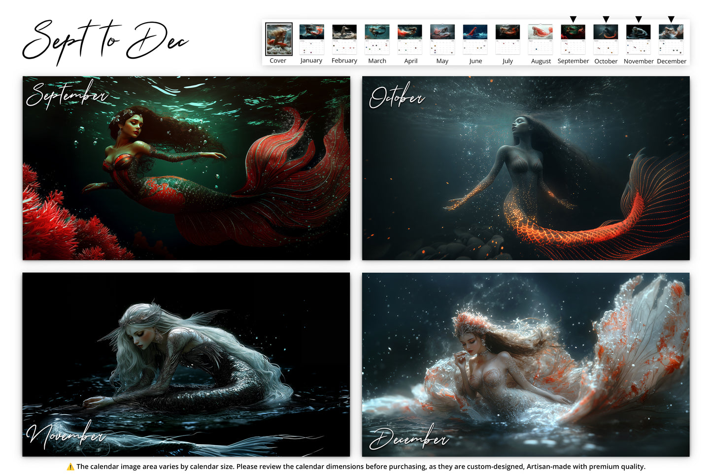 September to December features mermaids in vibrant underwater scenes: September with red corals, October with glowing embers, November in dark contemplation, and December adorned with a crown in shimmering waves.