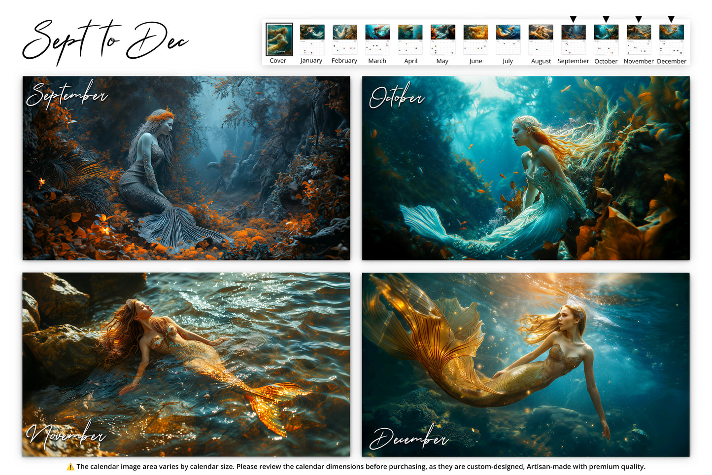 September to December calendar pages showing various enchanting scenes of mermaids in different underwater environments, each capturing unique moments of grace and beauty