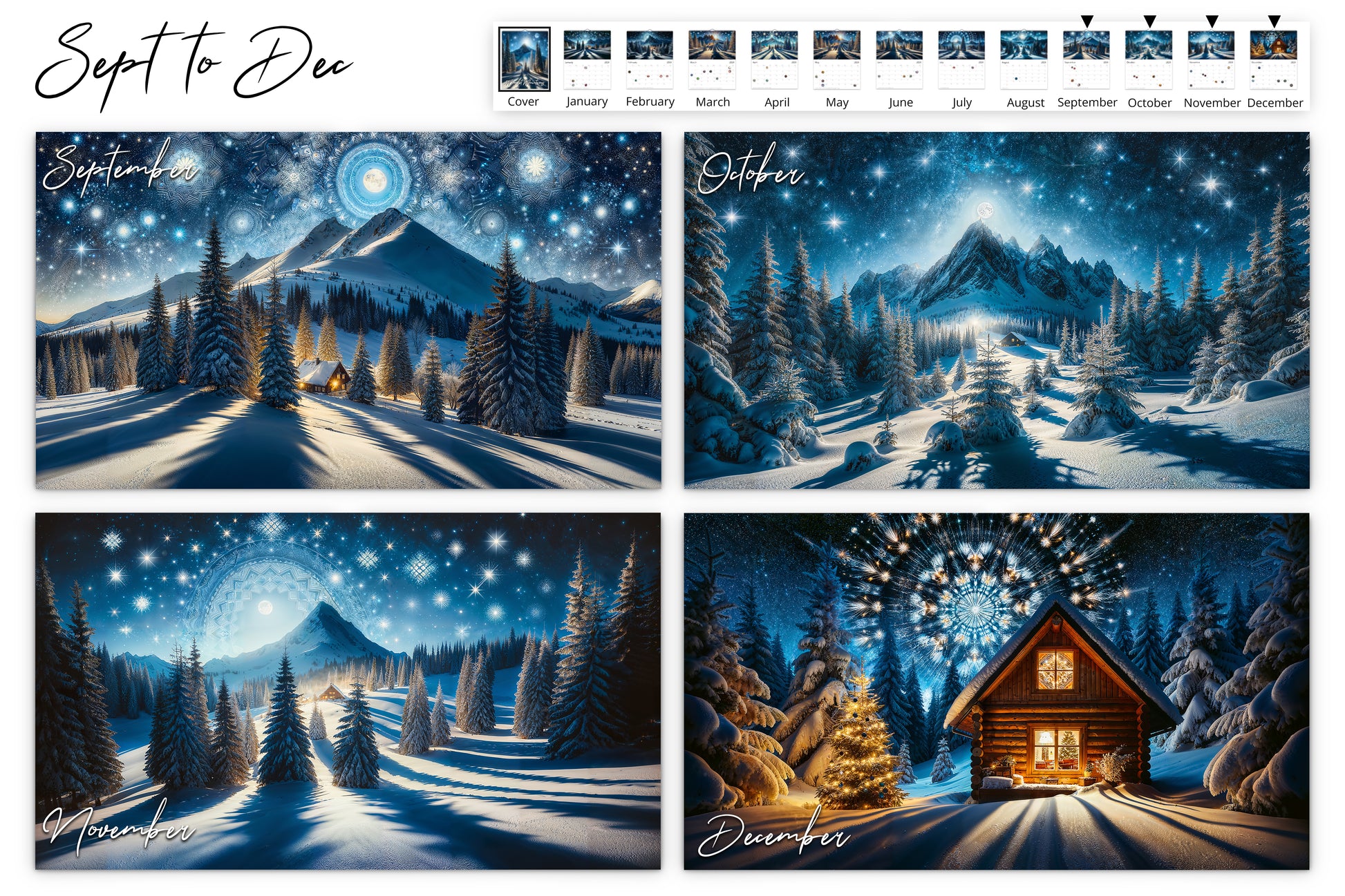 September to December pages of Moonlit Mountains calendar showing various winter landscapes with mountains, cabins, and starry night skies