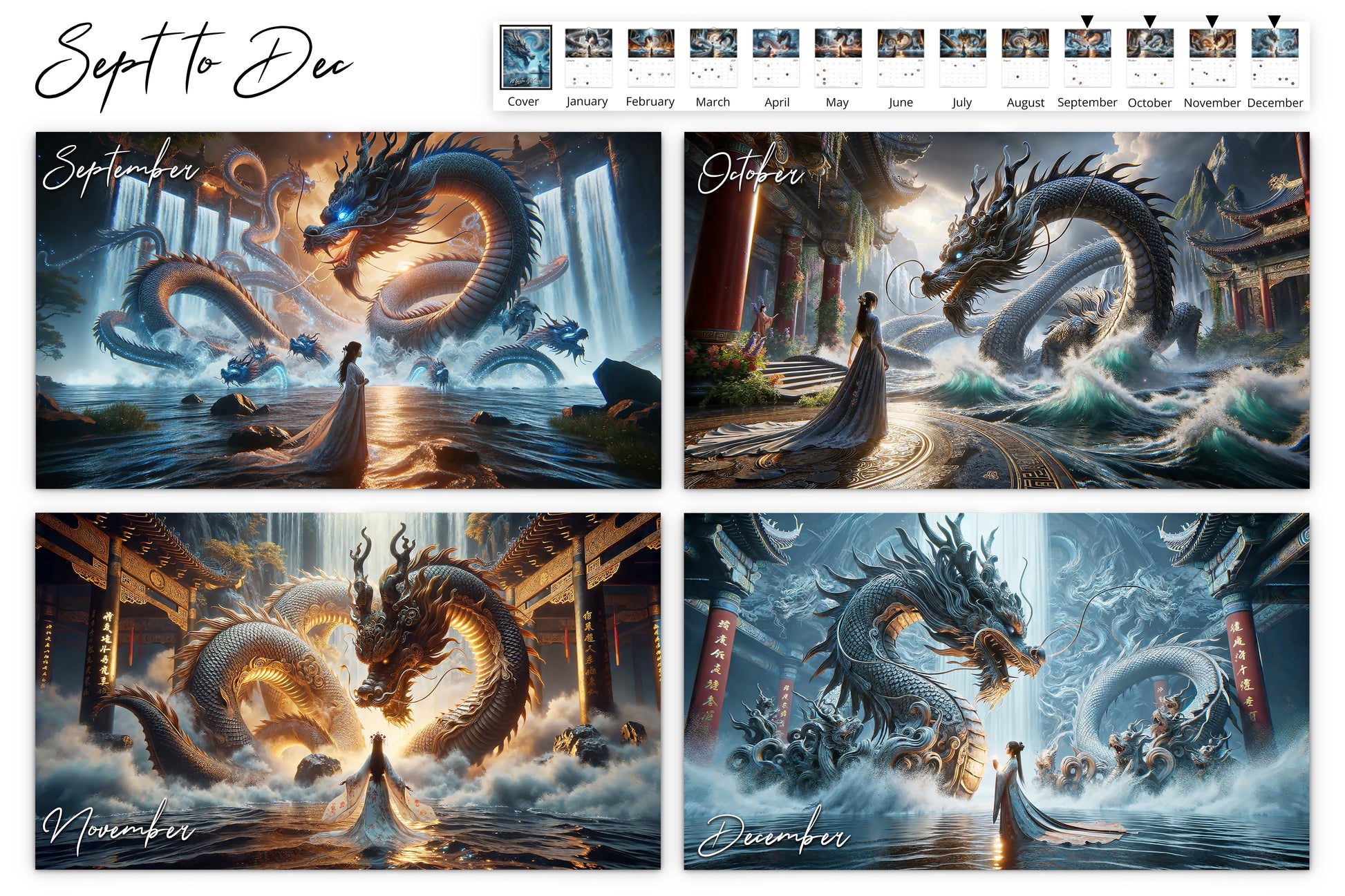 September to December calendar pages displaying a series of stunning dragon scenes with dynamic water elements and serene figures in various mystical settings including grand temples and flowing waterfalls