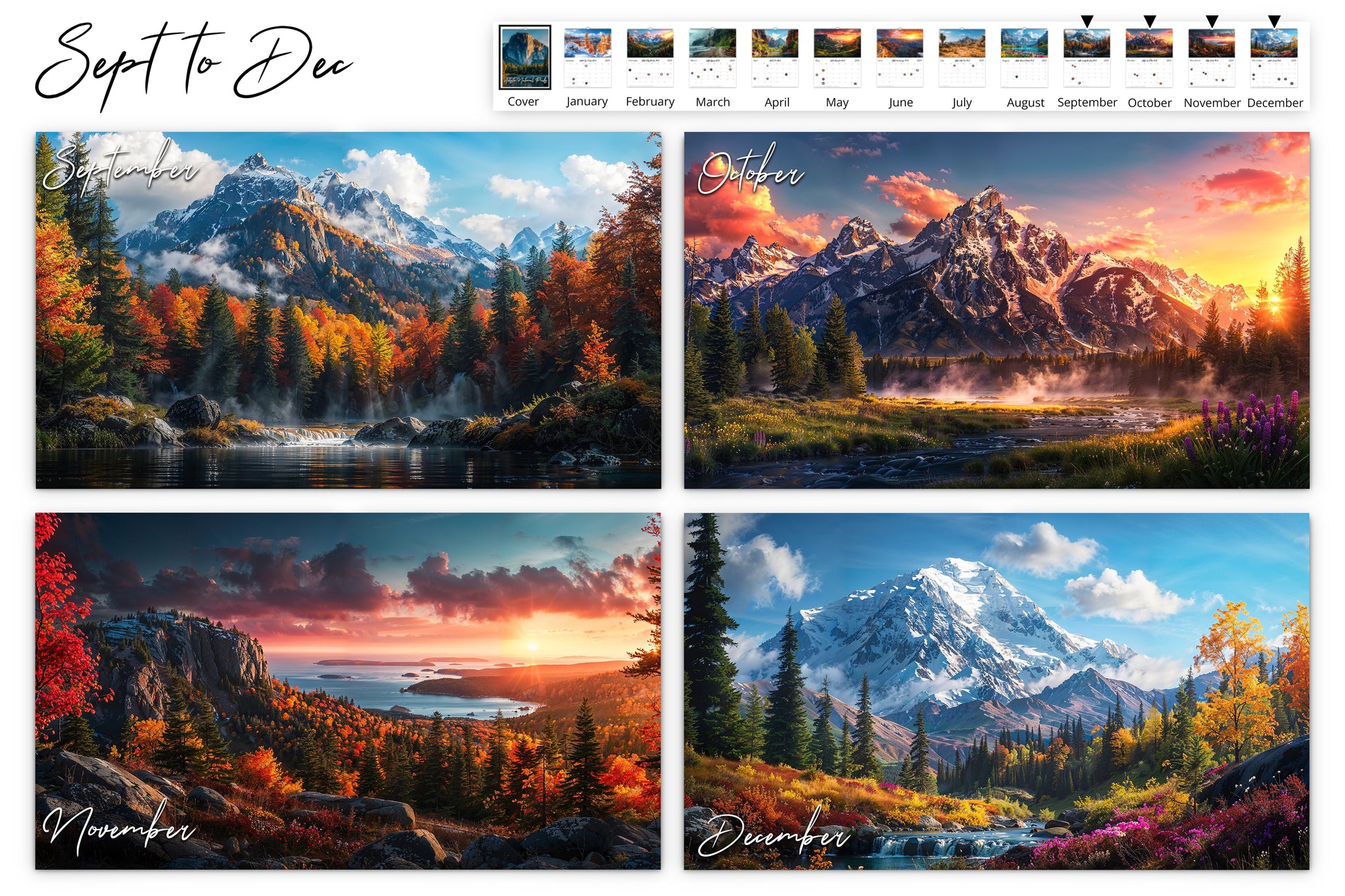 September to December calendar pages with a collage of seasonal landscapes including autumn forests, mountain ranges, and a snow-covered peak, showcasing the diversity and beauty of various national parks.