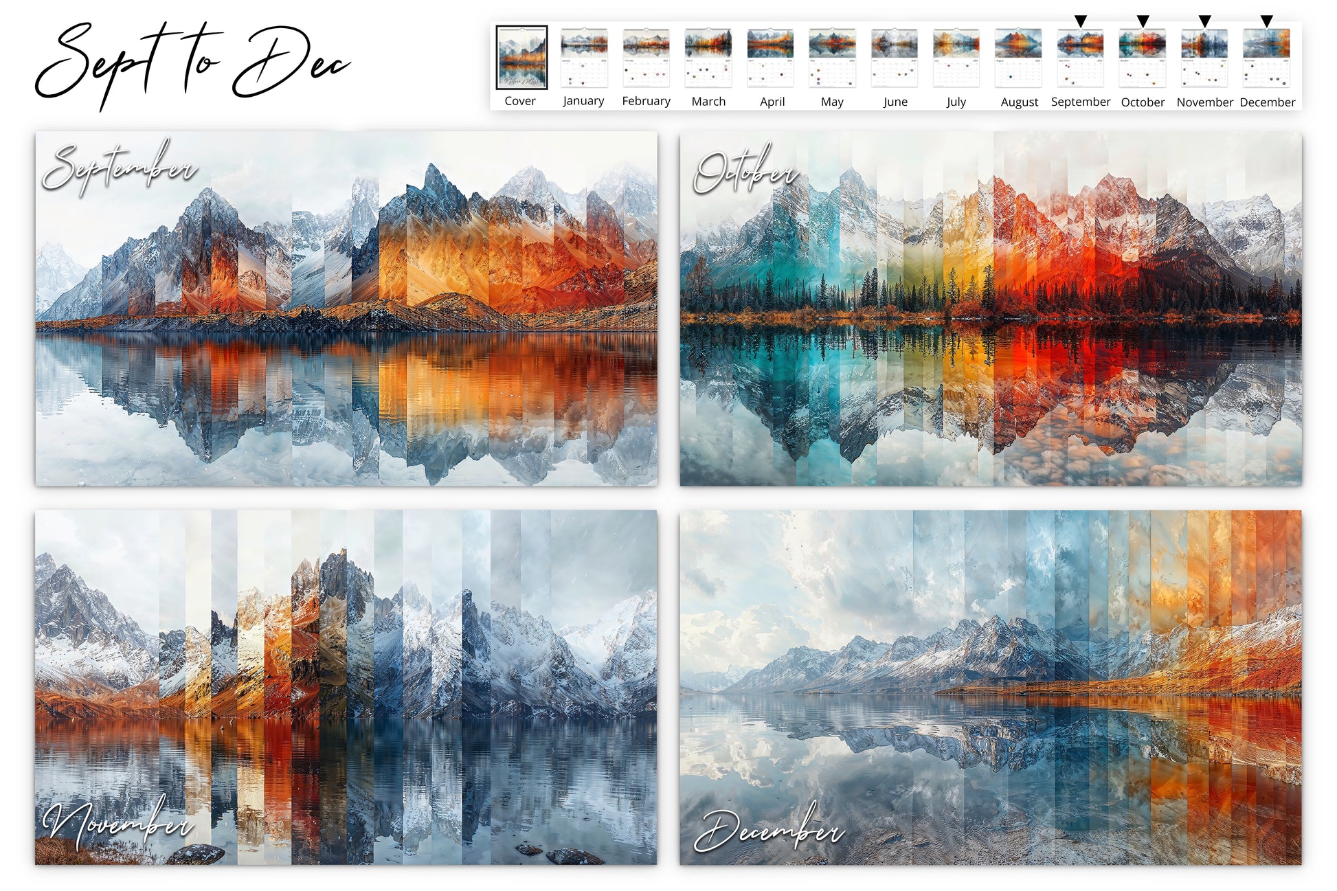 September to December calendar layouts showcasing a series of beautiful mountain landscapes with autumn colors and reflections in tranquil lakes