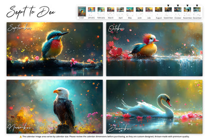 September to December calendar page preview featuring a series of four vibrant bird-themed illustrations including a kingfisher, mandarin duck, eagle, and swan in serene and magical settings.