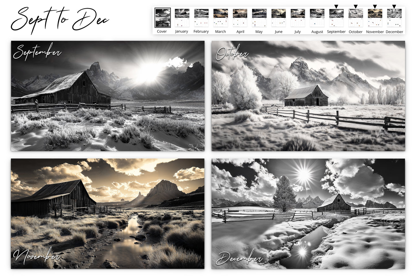 September to December calendar preview showing four images: a barn under a bright sun in September, a frosty tree-lined barn in October, a mountain scene at sunset in November, and a barn reflected in a snow-covered stream in December