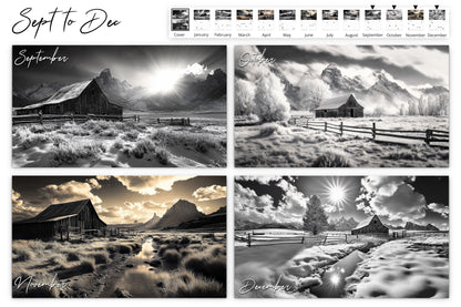 September to December calendar preview showing four images: a barn under a bright sun in September, a frosty tree-lined barn in October, a mountain scene at sunset in November, and a barn reflected in a snow-covered stream in December