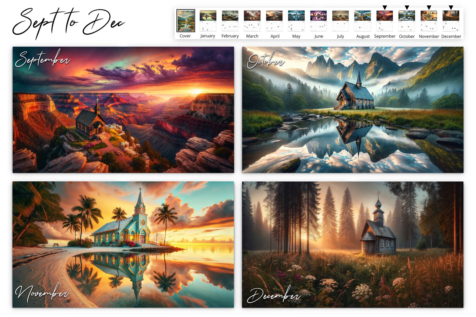 September to December calendar pages with images of various chapels set in dramatic landscapes including a canyon sunset, a reflective lake, a tropical beach, and a forest meadow at sunrise