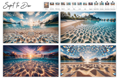 September to December calendar pages showing various serene and colorful beach scenes at the Sands of Bora Bora, each with unique kaleidoscope water reflections and sunsets