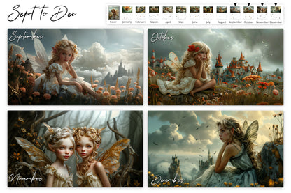 September to December pages showcasing a variety of fairy princess scenes, including a fairy sitting in a field, another fairy in a whimsical town, twin fairies in a mystical forest, and a fairy girl with dark wings overlooking a dreamy landscape with castles