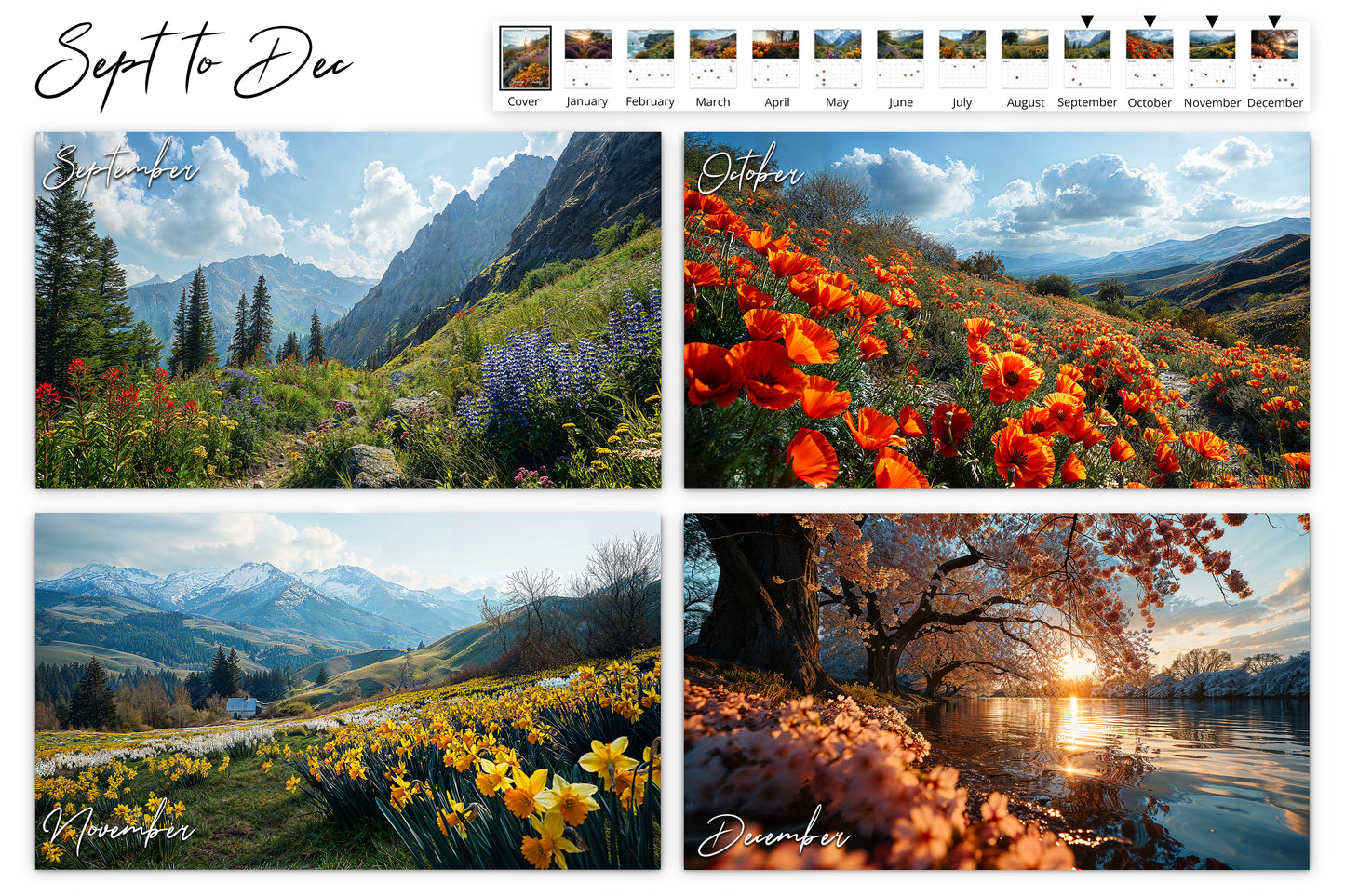 September to December calendar preview showcasing floral landscapes from alpine meadows to cherry blossom trees reflecting in a peaceful river.