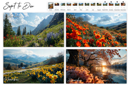 September to December calendar preview showcasing floral landscapes from alpine meadows to cherry blossom trees reflecting in a peaceful river.