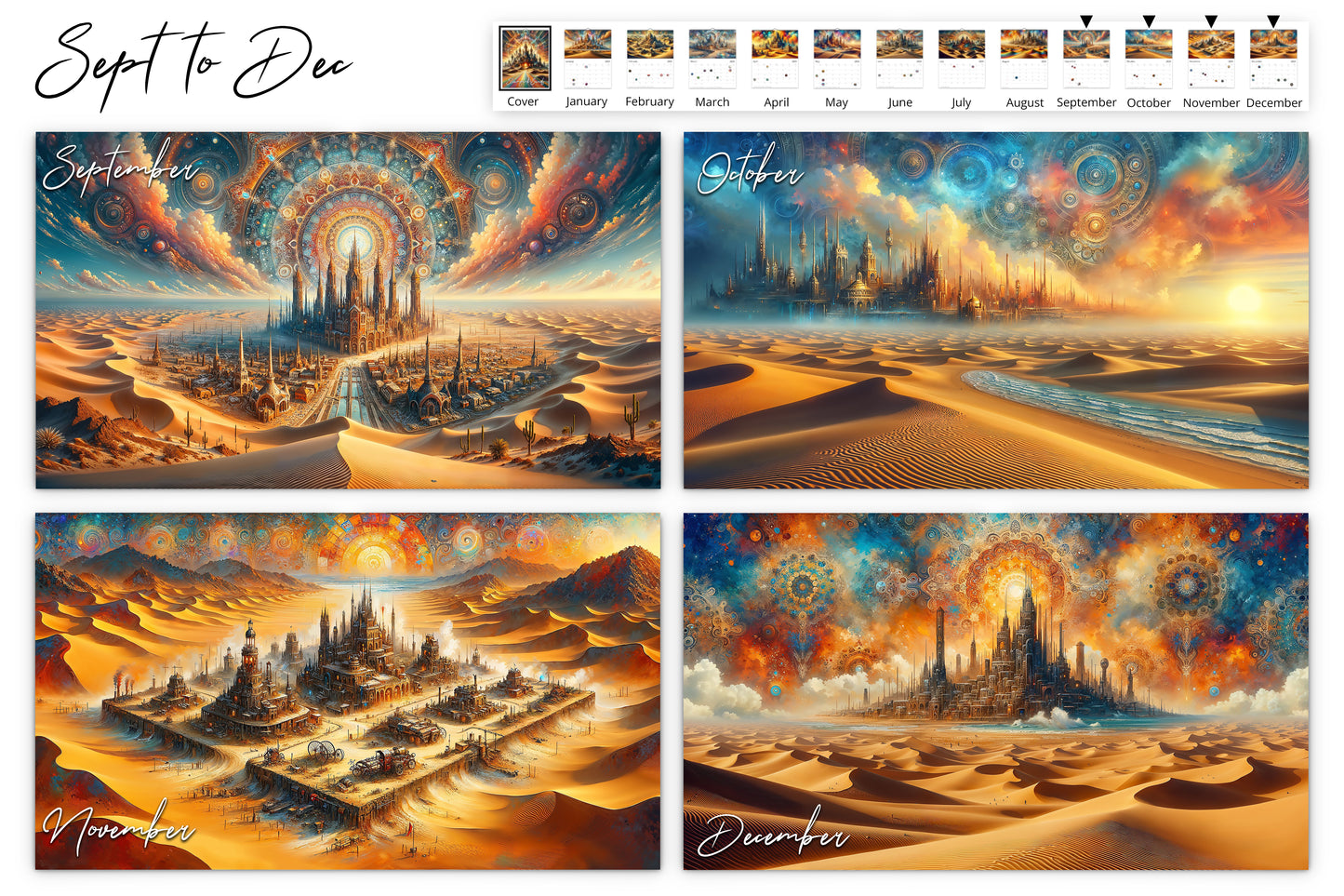 September to December calendar pages featuring various stunning steampunk cityscapes set in fantastical desert landscapes with intricate details and vibrant colors