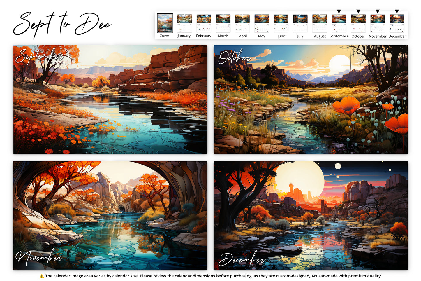 September through December overview with four panels displaying seasonal desert landscapes, each with vibrant colors and peaceful rivers, from early autumn to winter