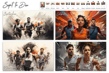 September to December calendar pages featuring a collage of four images of runners in various dynamic and energetic poses, showcasing different runners in action against abstract and urban backdrops