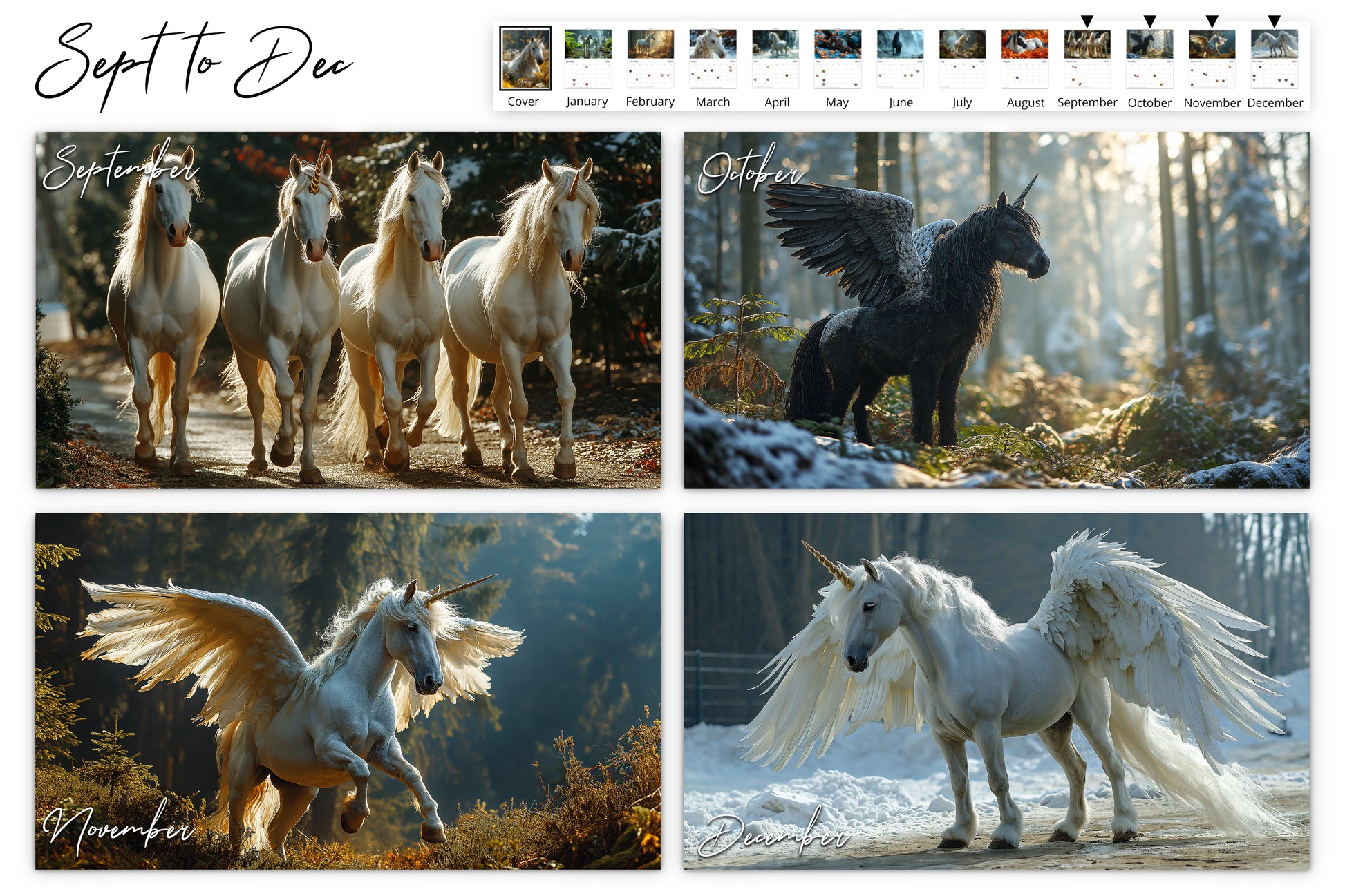 September to December calendar pages showing four images: a group of white unicorns walking on a forest path, a black winged unicorn standing in a snowy forest, a white winged unicorn ready to take flight, and another white winged unicorn standing in a snowy setting.