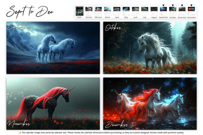 September to December section showing various scenes with pairs of unicorns in dark and light settings, including a striking black unicorn with a red mane for November and two unicorns with fiery red and icy blue manes for December