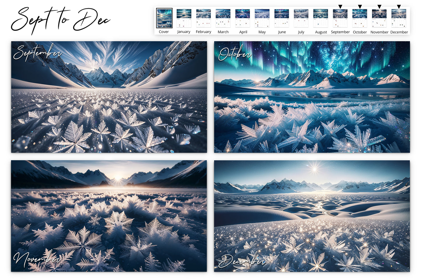 September to December page shows a quartet of scenes from dawn to twilight with frosty landscapes and mountain views