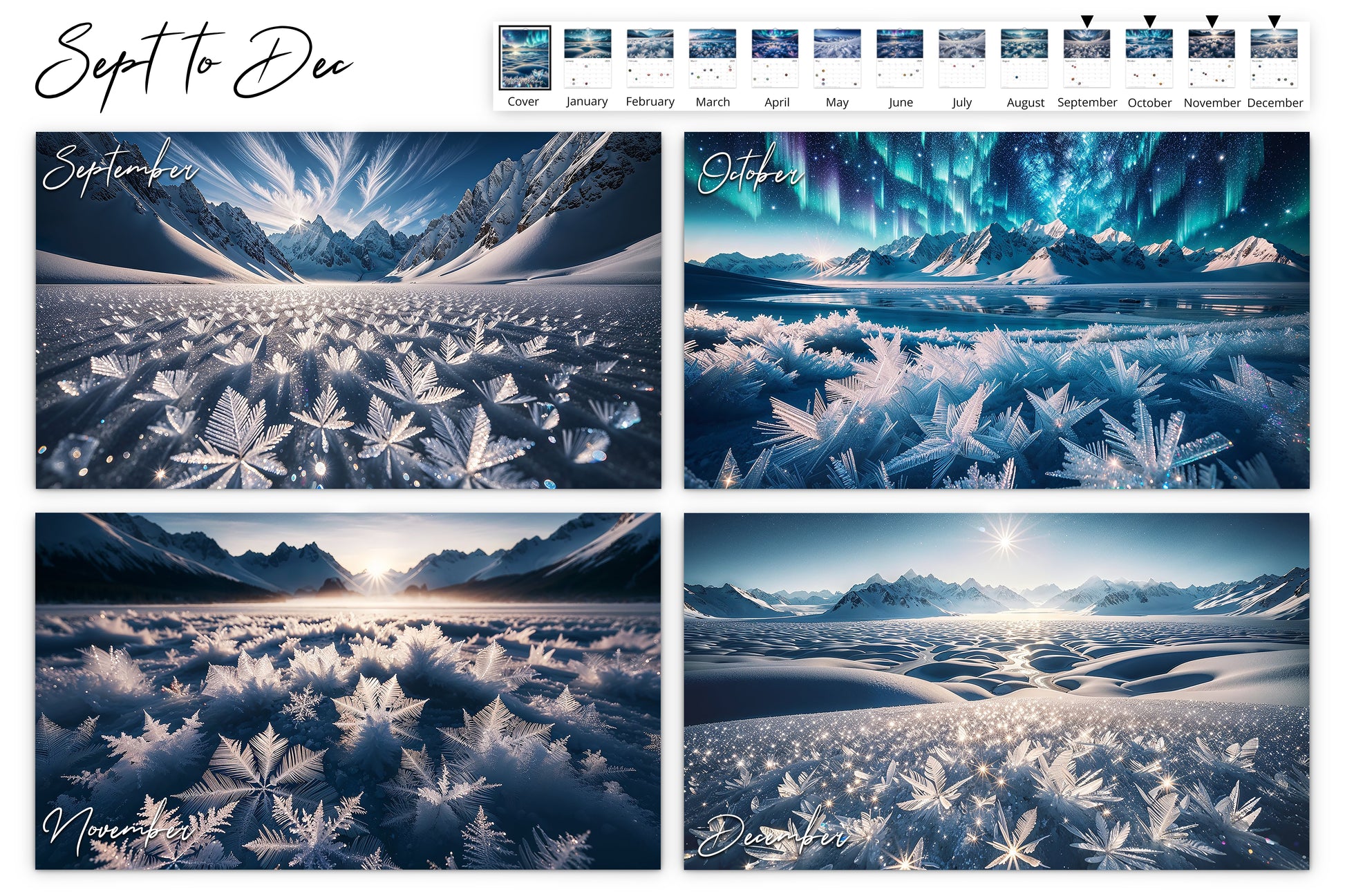 September to December page shows a quartet of scenes from dawn to twilight with frosty landscapes and mountain views