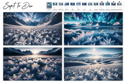 September to December page shows a quartet of scenes from dawn to twilight with frosty landscapes and mountain views