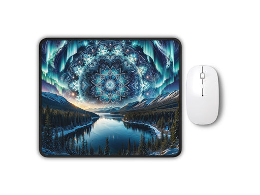 Mouse pad with a vibrant fractal design overlaying an Alaskan night landscape, featuring vivid northern lights.