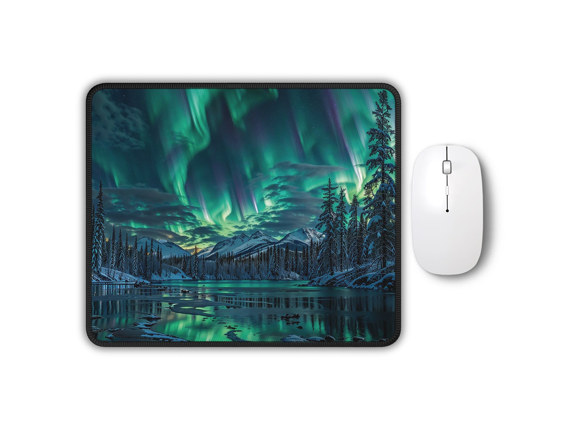 A gaming mouse pad displaying the Alaskan night skys auroras reflecting on a tranquil lake, framed by snow-covered pines.