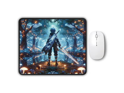 A gaming mouse pad featuring an anime character standing in a luminescent twilight forest, backlit by a mystical glow, accompanied by a simple white mouse.