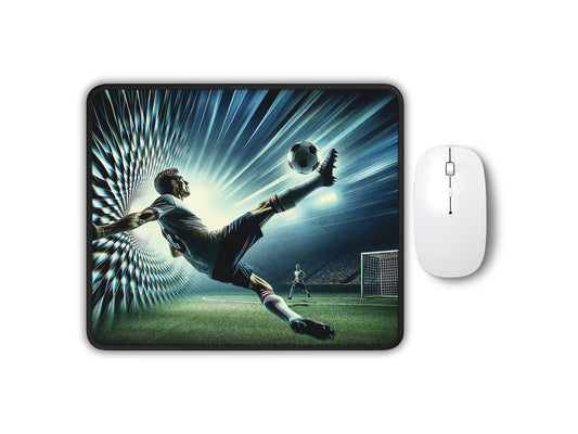 A dynamic gaming mouse pad featuring a soccer player in motion, with a kaleidoscope effect amplifying the action against a stadium backdrop.