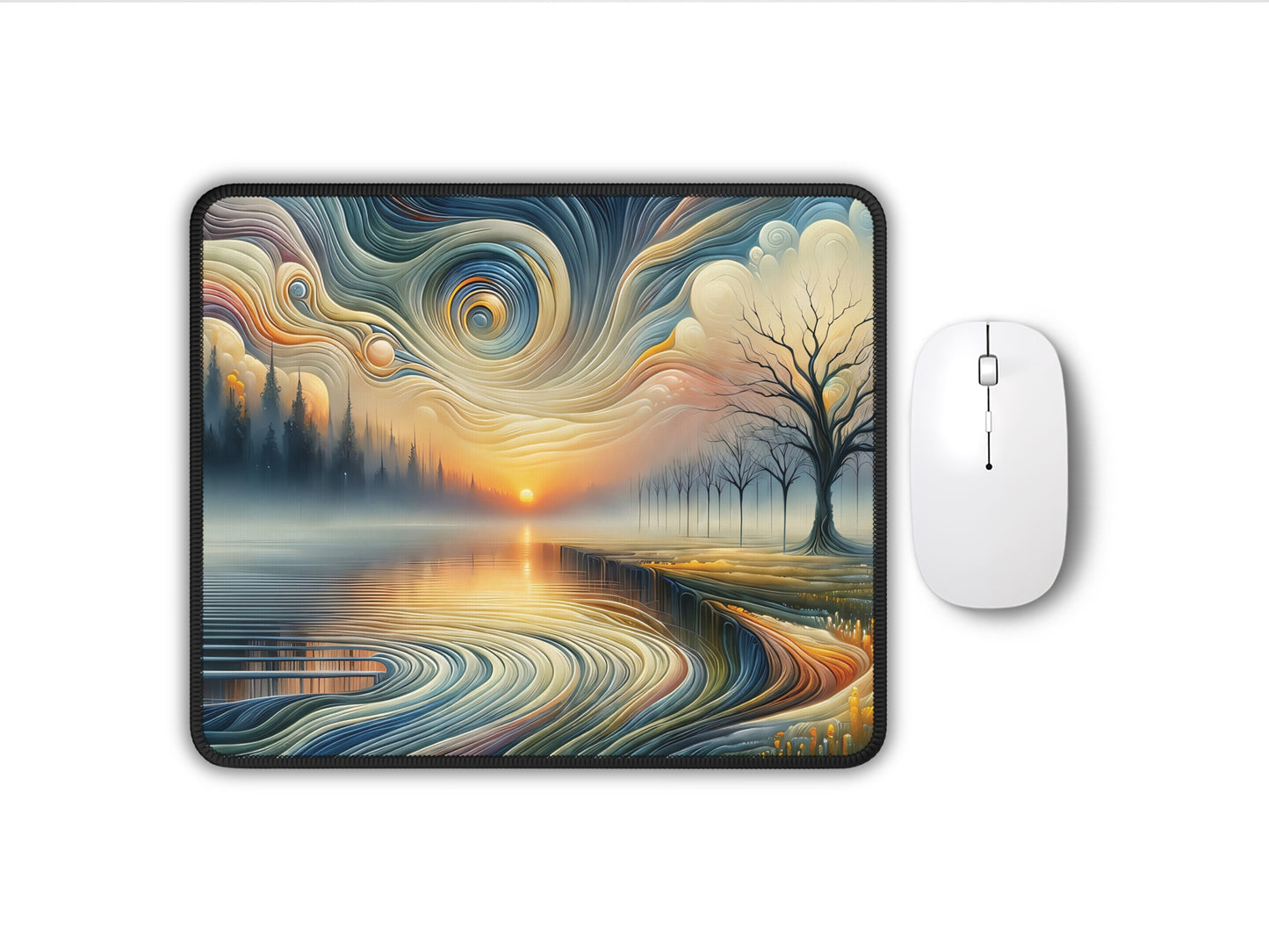 Stunning gaming mouse pad featuring an intricate blue dragon design with a majestic lady standing before a cascading waterfall under a stormy sky, accompanied by a sleek white mouse.