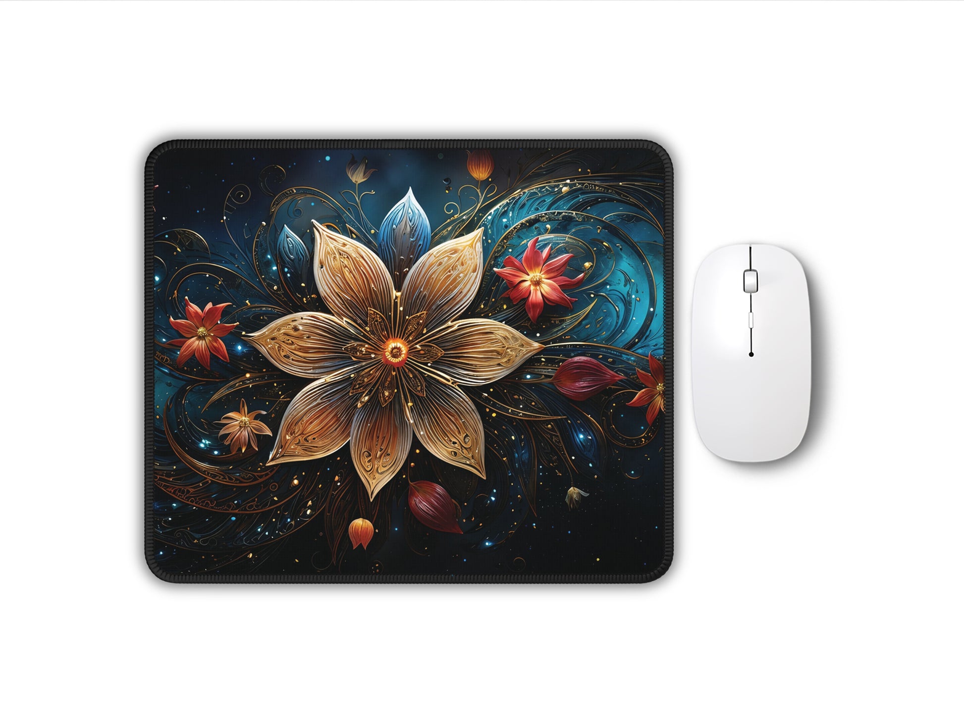 Elegant Celestial Bloom Artisan Gaming Mouse Pad displayed with a white mouse, showcasing a dark blue starry design with golden floral accents.