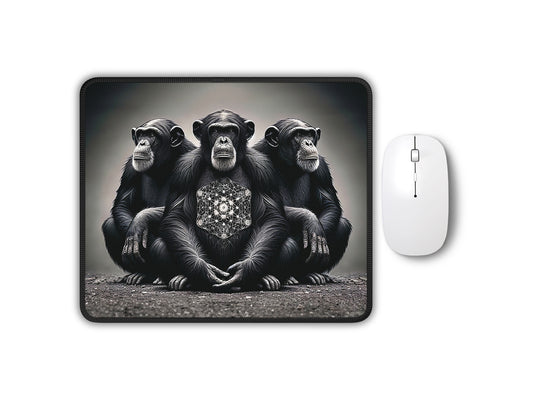 Kaleidoscope Artisan Mouse Pad featuring three detailed chimpanzees with a mandala pattern, with a white mouse for scale.