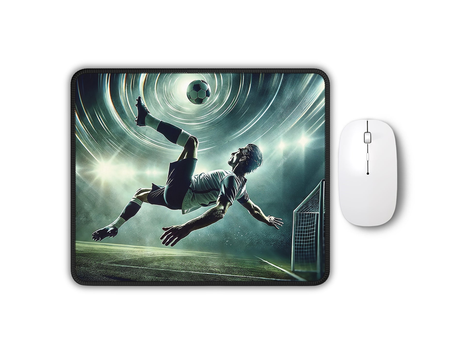 Dynamic mouse pad with a striking soccer action scene, showing a player executing a mid-air kick with a radiant light backdrop.