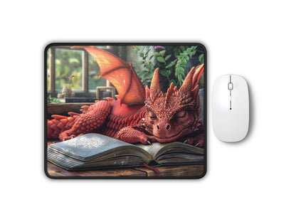 Gaming mouse pad featuring a detailed illustration of a red dragon peacefully napping on an open book, with a classic white mouse to its side.