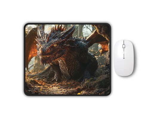 Artisan gaming mouse pad with a vivid image of a majestic dragon in a sunlit forest, accompanied by a sleek white mouse.