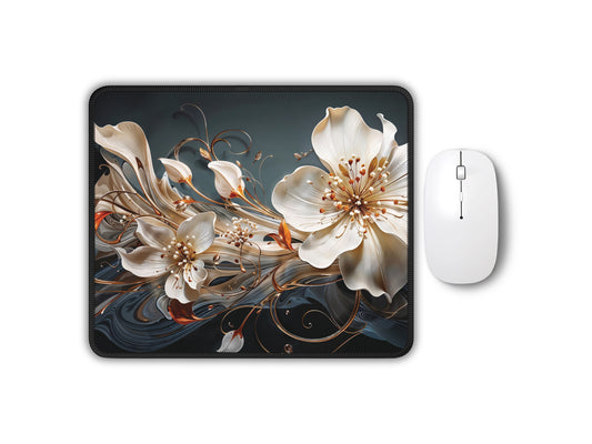 Elegant gaming mouse pad showcasing a stunning floral design with white blossoms and swirling copper accents on a dark background, accompanied by a sleek white mouse.