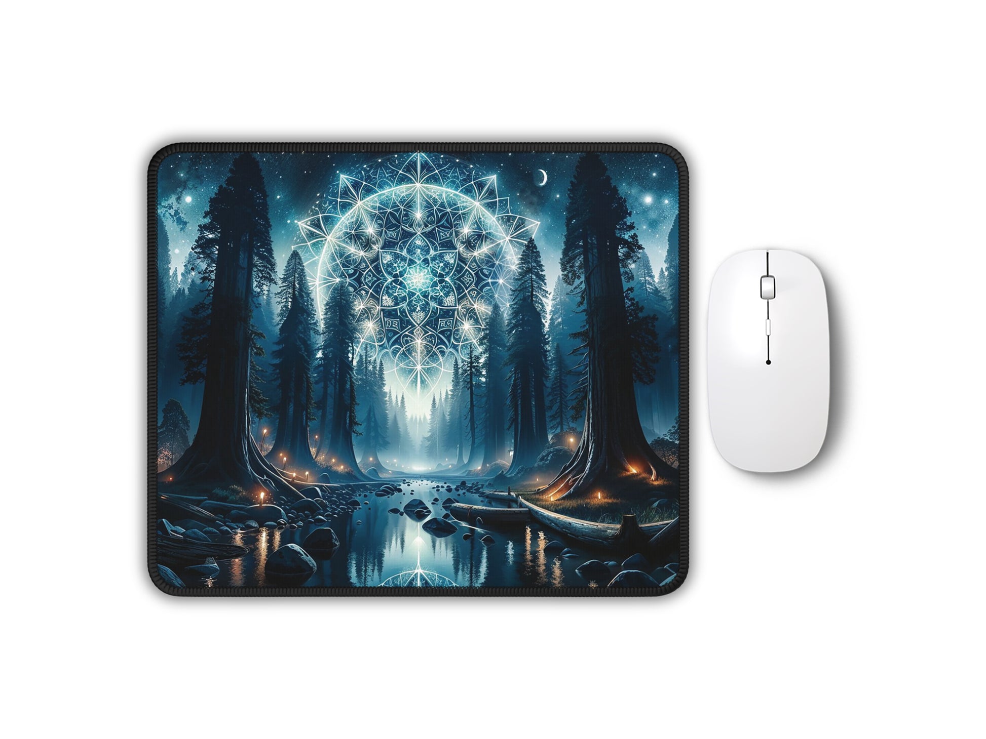 Enchanting mouse pad with a luminous cosmic design amid a mystical forest setting, accompanied by a sleek white mouse.